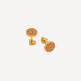 Gold basketball-themed cufflinks on a white background