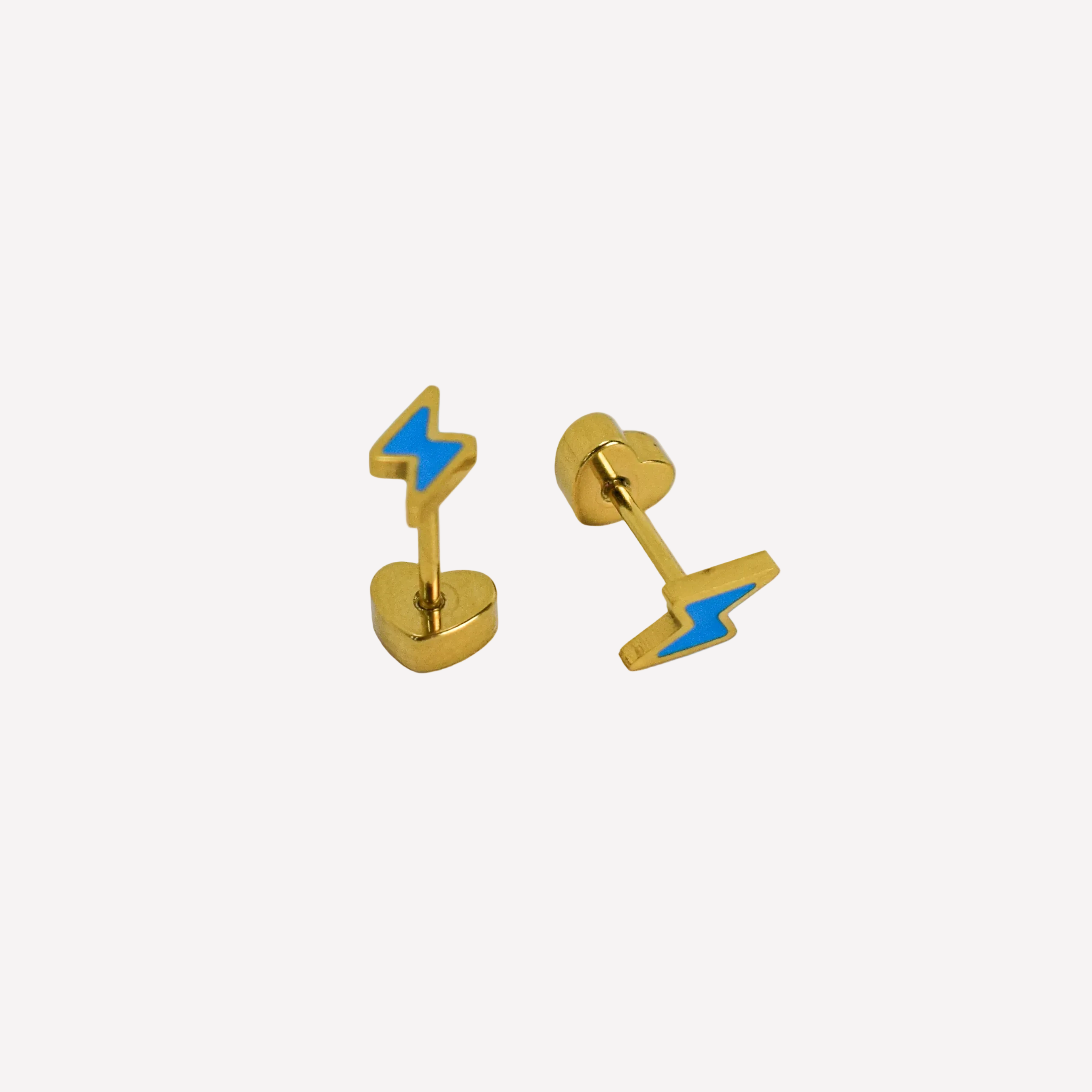 Pair of gold earrings with blue lightning bolt designs on a white background