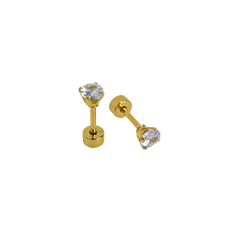 Pair of gold stud earrings with clear gemstones on a white background