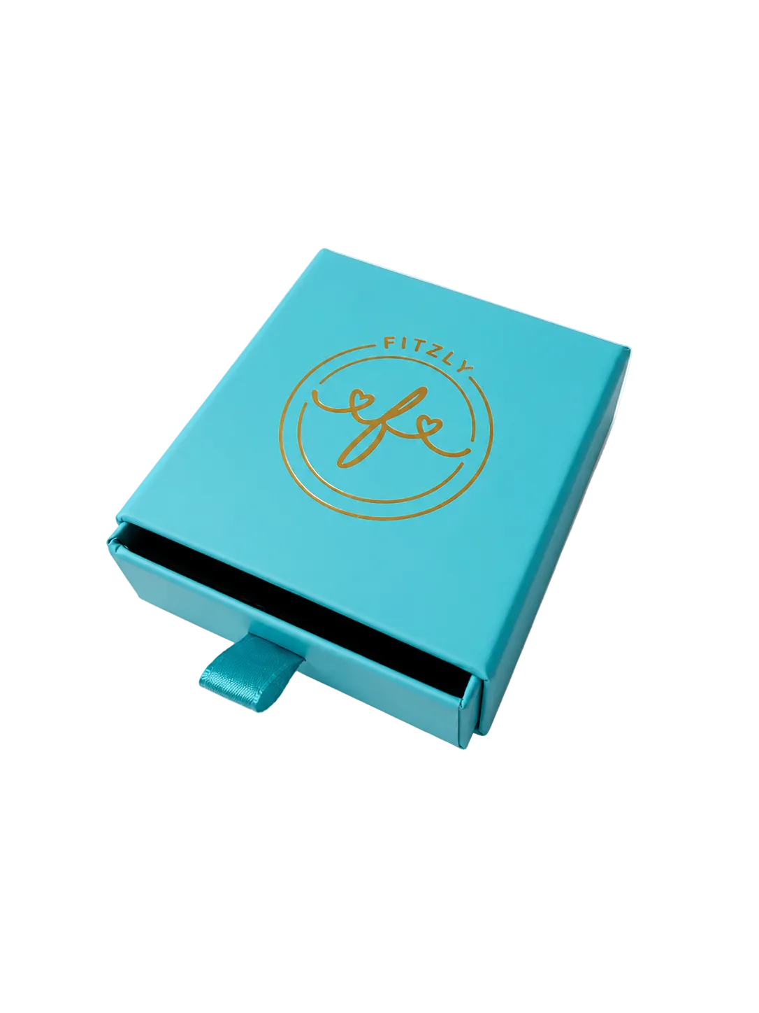 A turquoise blue rectangular product box with a sliding lid, featuring a gold foil 'Fitzzy' logo on the top. The box is shown slightly open, revealing a dark interior, on a clean white background.