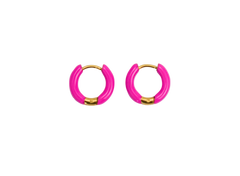 Pair of pink hoop earrings with gold accents on a white background