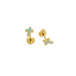 Gold cross-shaped earrings with blue accents on a white background