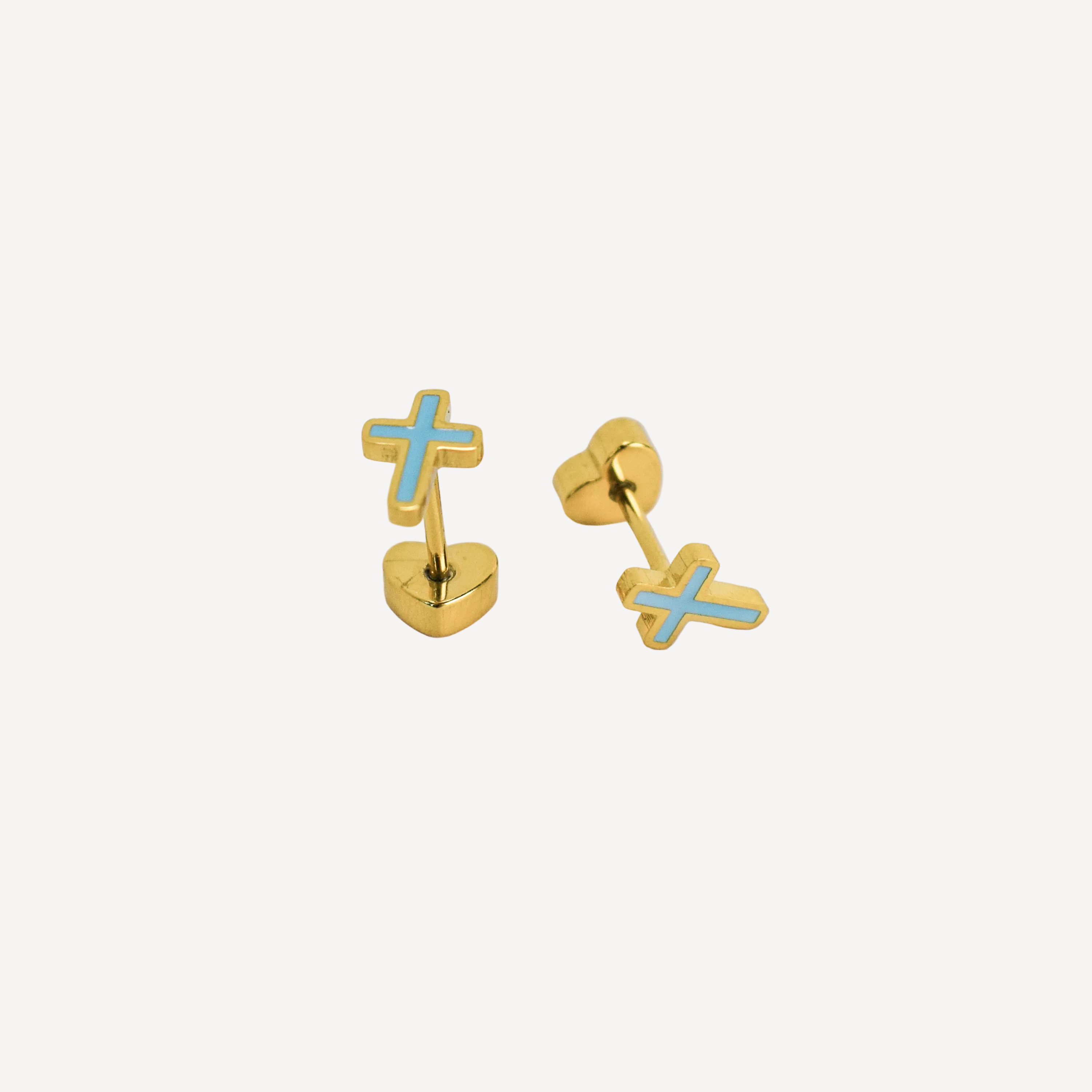 Gold cross-shaped earrings with blue accents on a white background