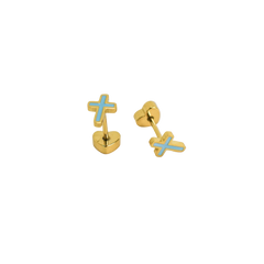 Gold cross-shaped earrings with blue accents on a white background