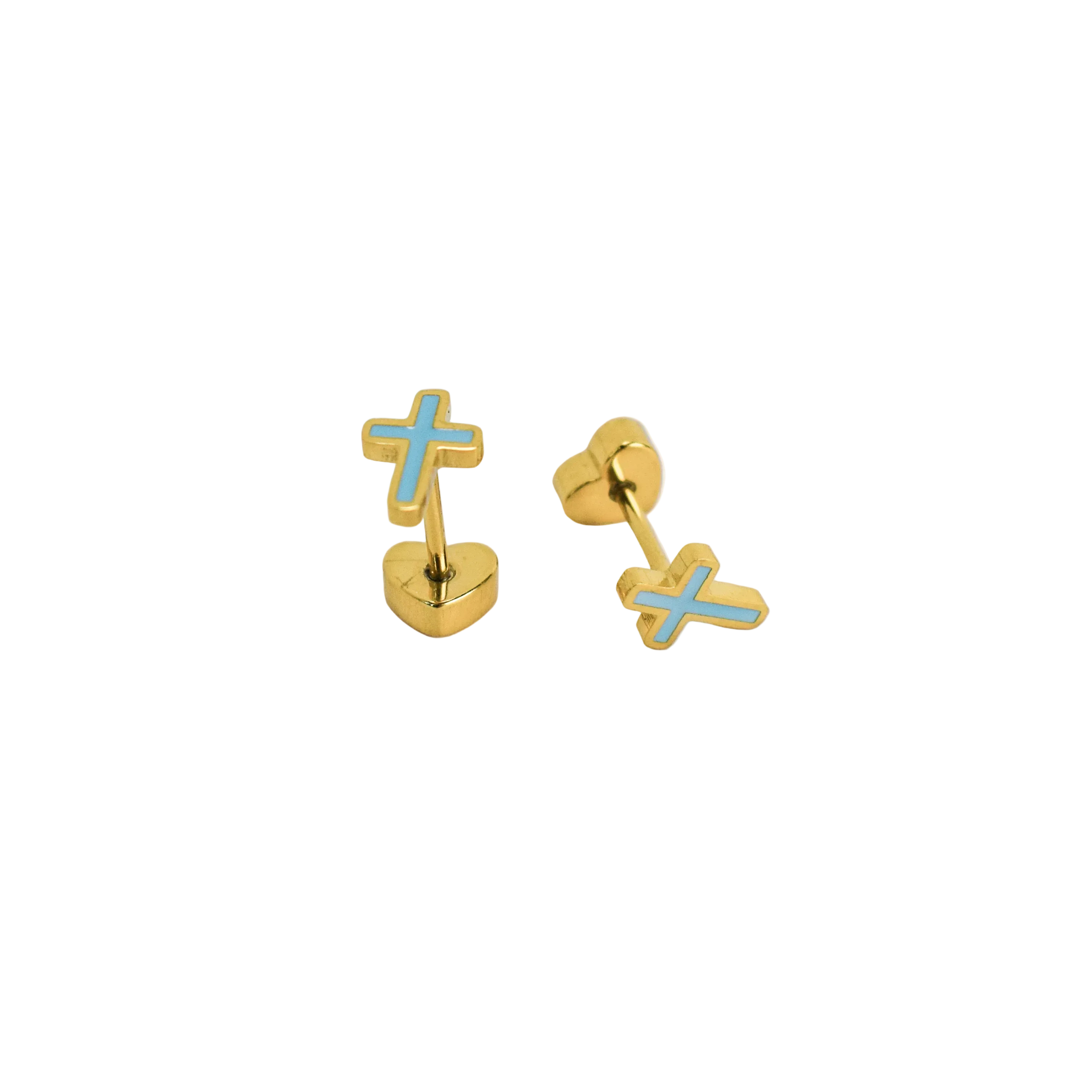 Gold cross-shaped earrings with blue accents on a white background