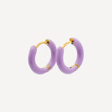 Purple hoop earrings with gold accents on a white background