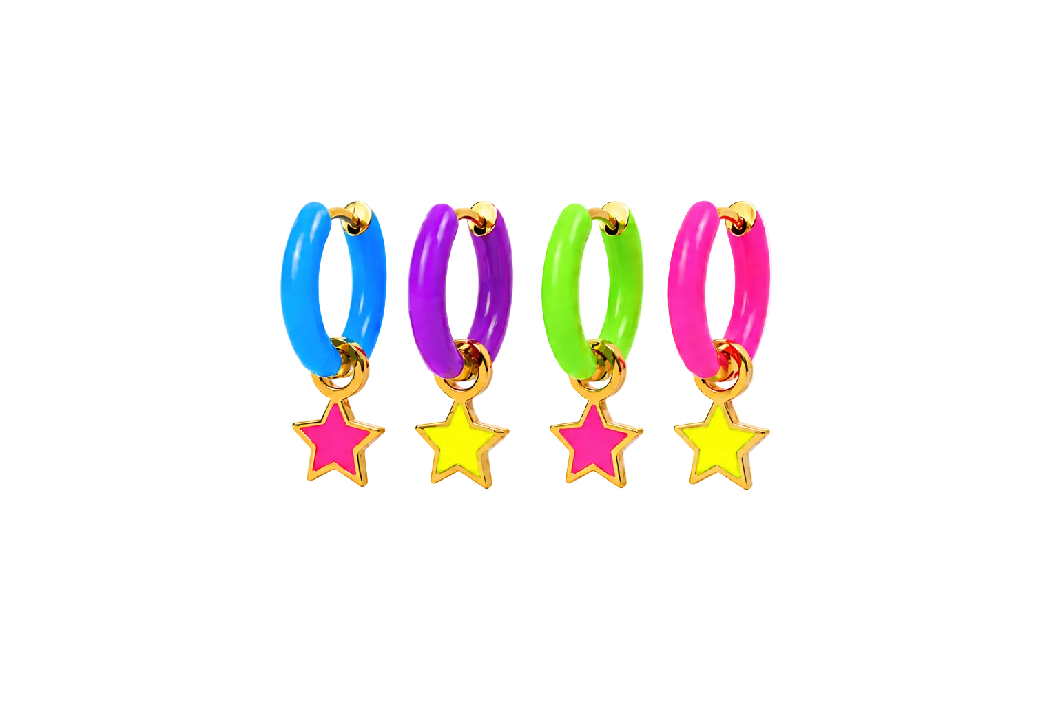 Four colorful hoop earrings with dangling star charms, shown in blue, purple, green, and pink with gold-tone metal borders on a white background.