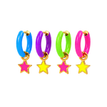 Four colorful hoop earrings with dangling star charms, shown in blue, purple, green, and pink with gold-tone metal borders on a white background.