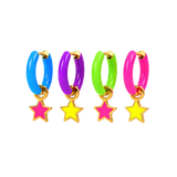 Four colorful hoop earrings with dangling star charms, shown in blue, purple, green, and pink with gold-tone metal borders on a white background.