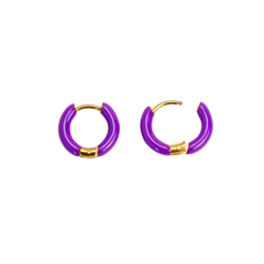 Purple hoop earrings with gold accents on a white background