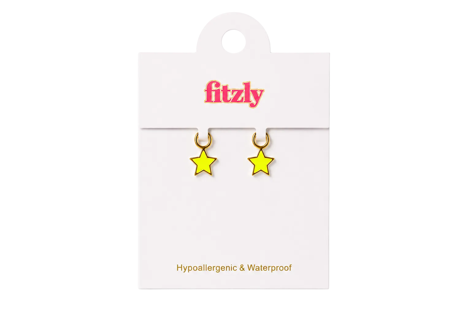 A pair of small yellow star-shaped hoop earrings displayed on a white Fitzly retail card, with the brand name in pink at the top and the text 'Hypoallergenic & Waterproof' near the bottom.