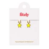 A pair of small yellow star-shaped hoop earrings displayed on a white Fitzly retail card, with the brand name in pink at the top and the text 'Hypoallergenic & Waterproof' near the bottom.