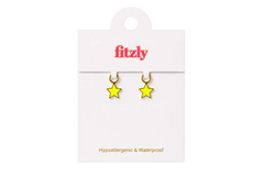 A pair of small yellow star-shaped hoop earrings displayed on a white Fitzly retail card, with the brand name in pink at the top and the text 'Hypoallergenic & Waterproof' near the bottom.