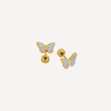Butterfly-shaped earrings with gold posts on a white background