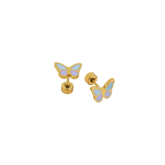 Butterfly-shaped earrings with gold posts on a white background