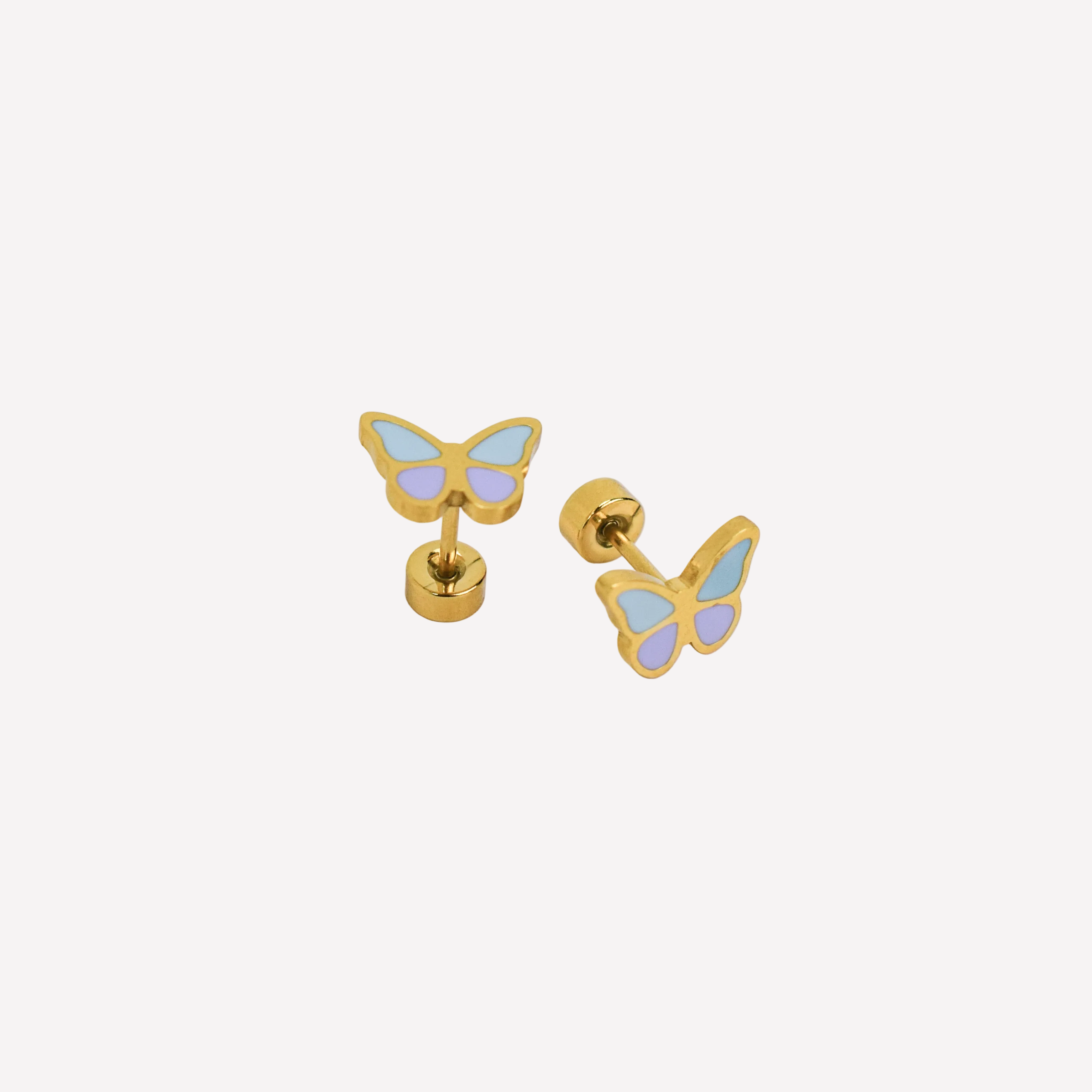 Butterfly-shaped earrings with gold posts on a white background