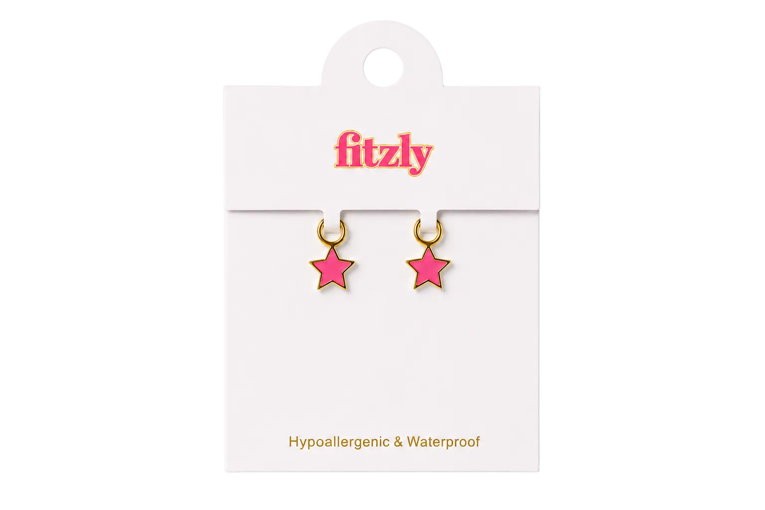 A pair of small pink star-shaped hoop earrings with gold-tone rims, displayed on a white Fitzly retail card against a white background.