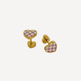 purple and white checkered heart studs with white background
