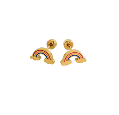 Gold rainbow-shaped earrings on a white background