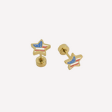 Gold star-shaped earrings with American flag design on a white background