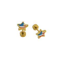 Star-shaped earrings with American flag design on a white background