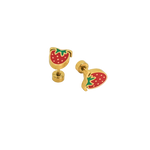 Gold strawberry-shaped earrings on a white background