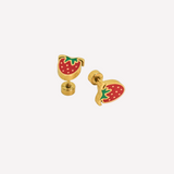 Gold strawberry-shaped earrings on a white background