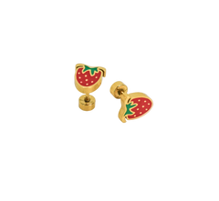 Gold strawberry-shaped earrings on a white background