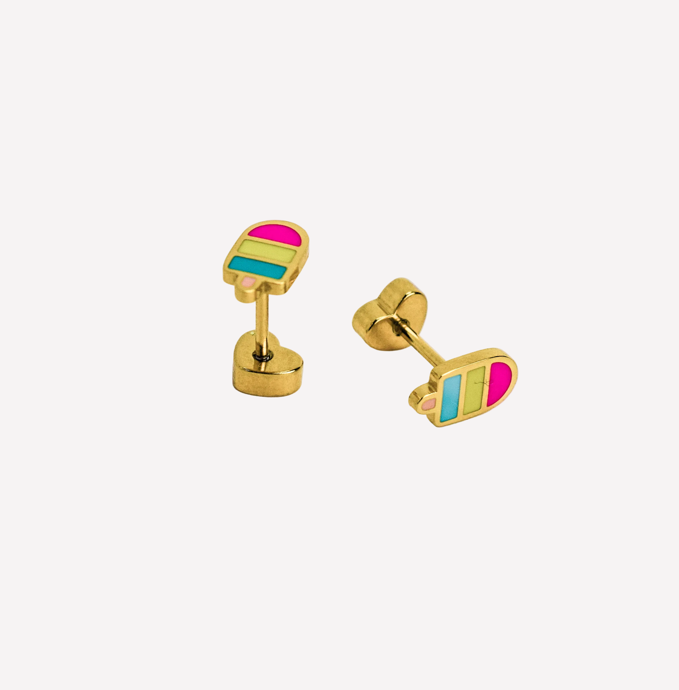 Gold earrings with colorful heart design on a white background