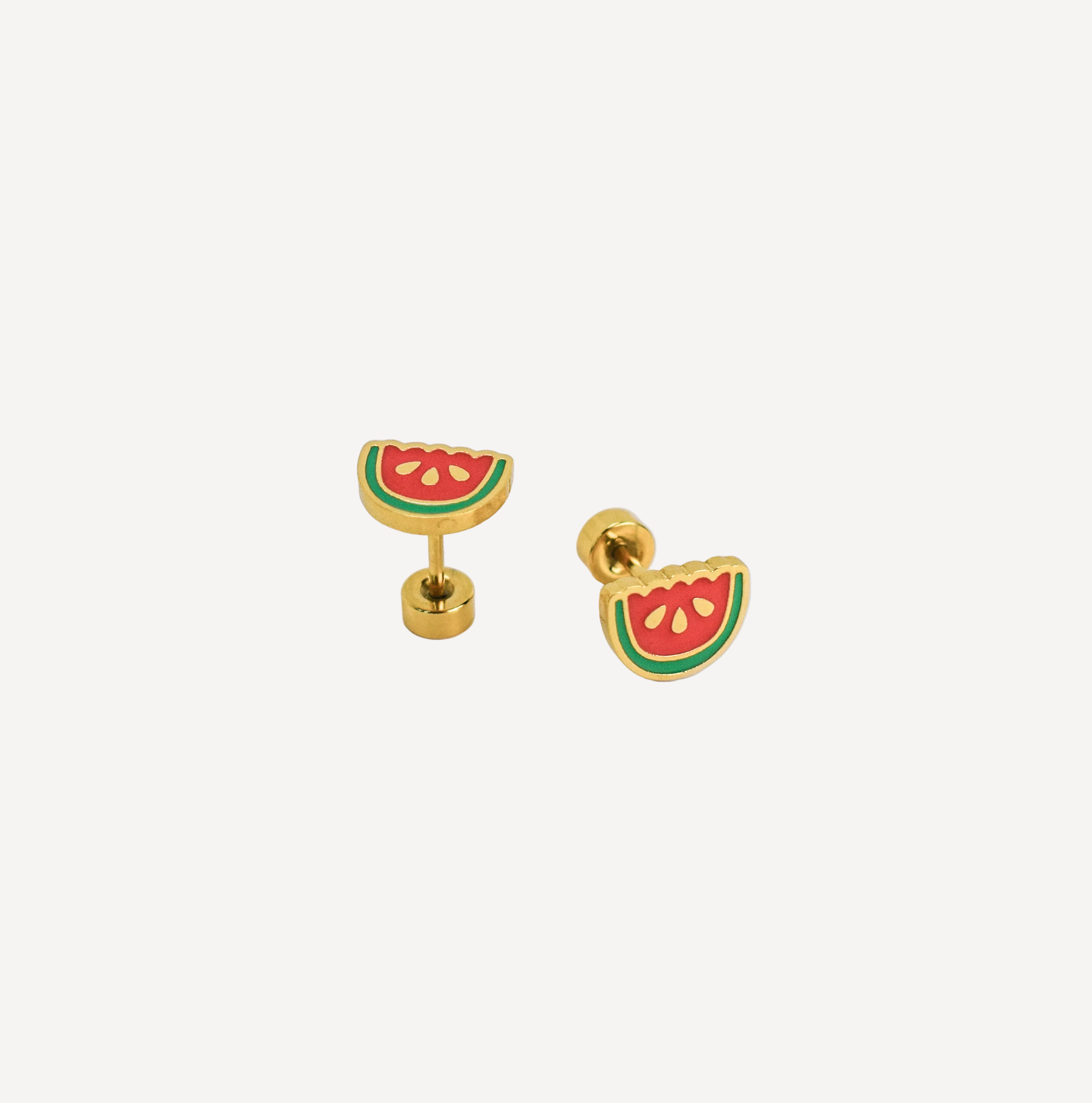 Watermelon slice earrings on a white background